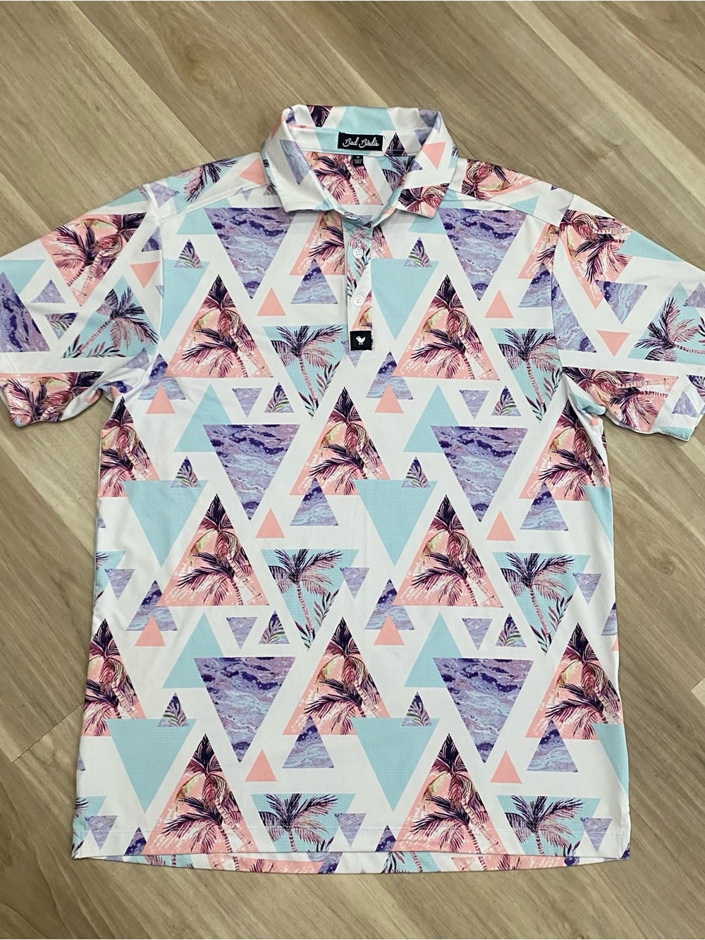 Bad Birdie Golf Polo Shirt Mens Medium M Multicolor Geometric Palm Tree Print